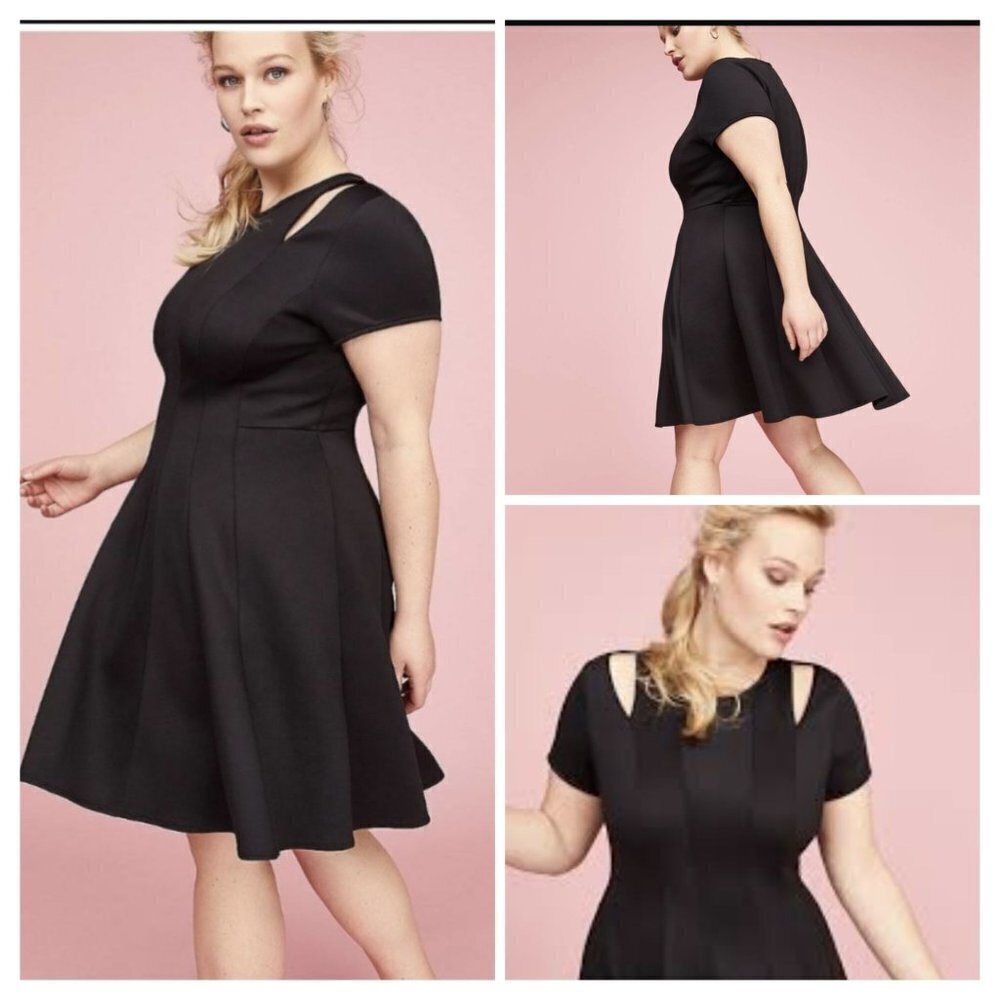 Lane Bryant Women's Black Pleated Fit and Flair Shoulder Cutout Midi Dress Sz 22